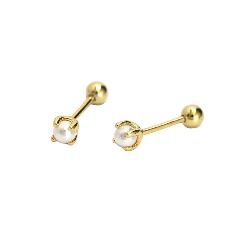 Minimalist Imitation Pearl Threaded Stud Earrings Women Geometric Tiny Layering Ear Piercing Jewelry In Sterling