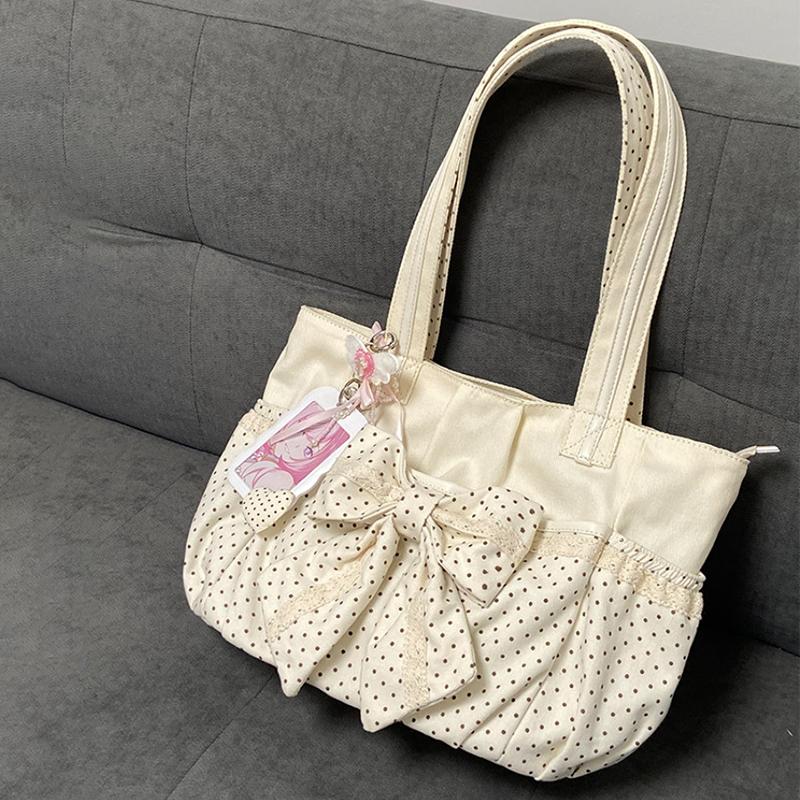 

Vintage Polka Dot Bow-knot Shoulder Bag Simple Lace Decor Canvas Tote Bags Kawaii Handbag Soft Lightweight Pleated Cloud Bag 37x15x26cm