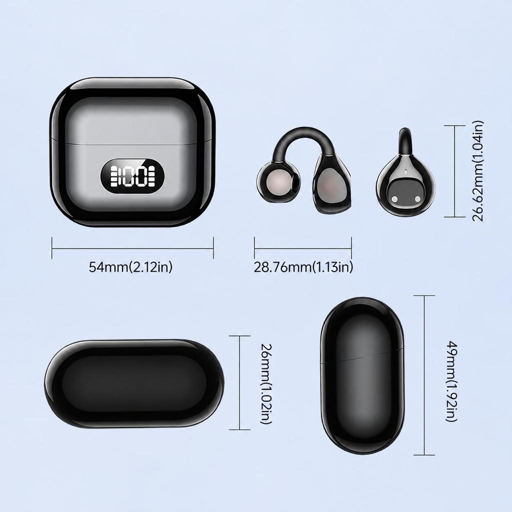 Clip-On Open Ear Air Conduction Earbuds Bluetooth 6.0 Touch Control Digital Display Charging Case Sports Gaming Earphones for iOS Android