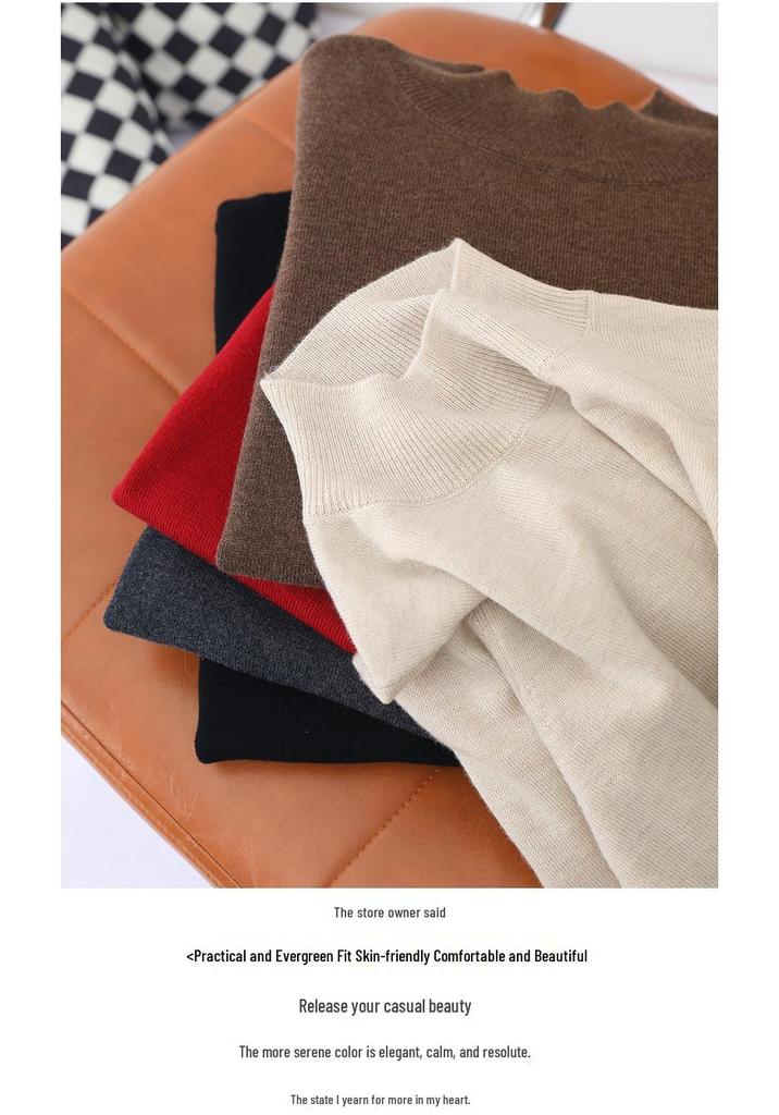 2025 Spring Women's Solid Color Half-High Collar Knit Wool Pullover Sweater
