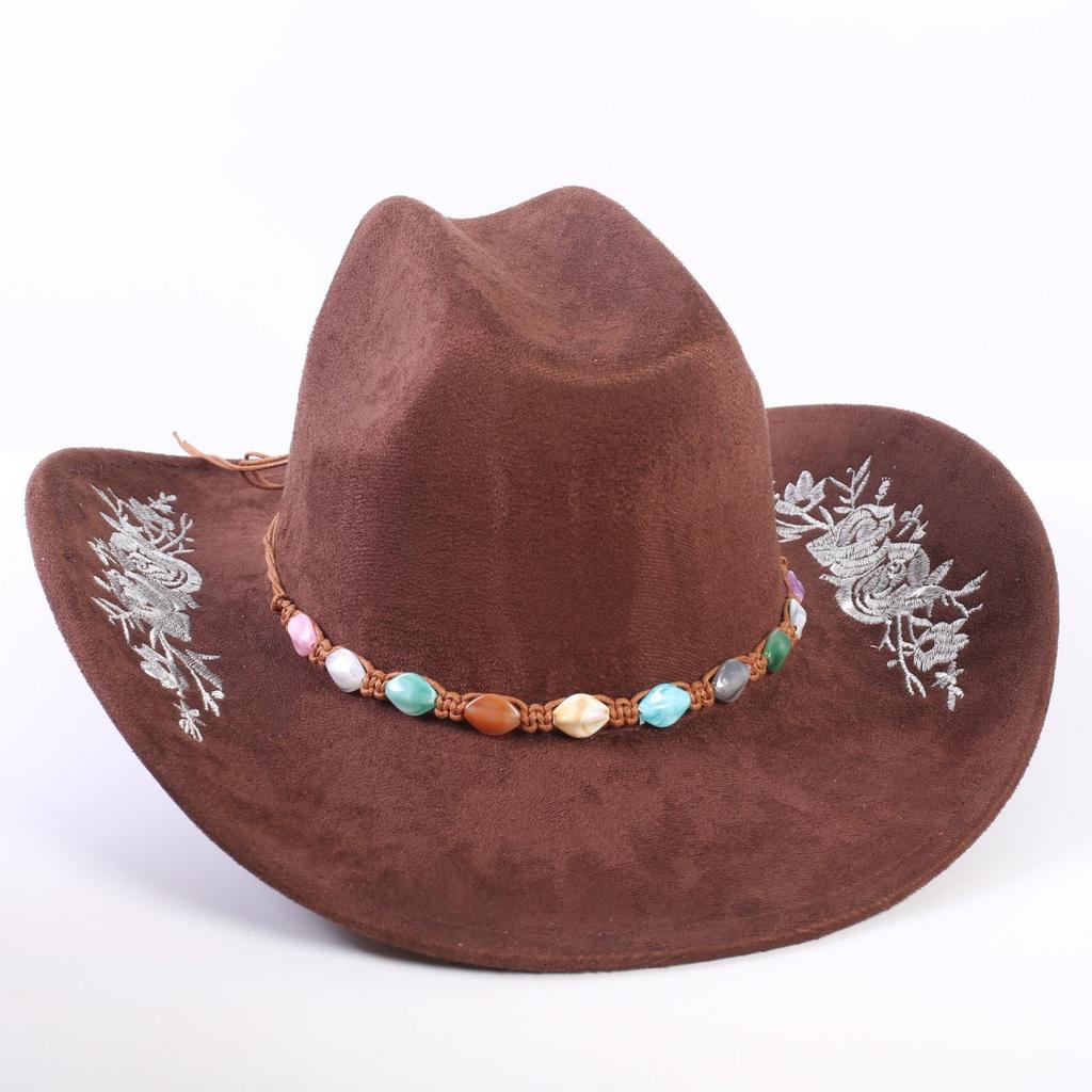 Beliebter europäischer und amerikanischer klassischer Wildleder Western Cowboyhut für Herren und Damen, großer Schirm, bestickt, Outdoor-Sonnenhut