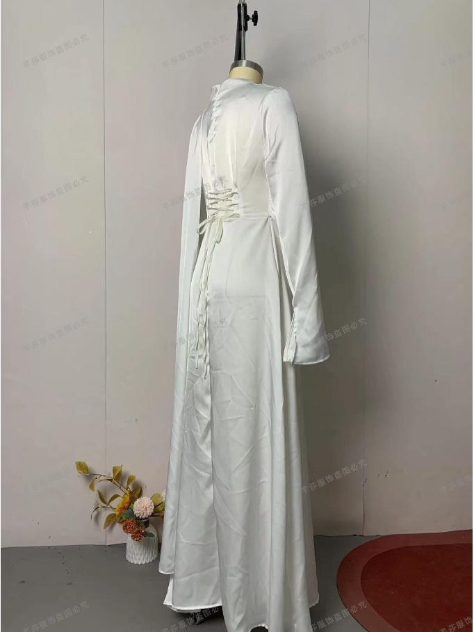 2025 European American Women's Pleated Irregular White Long Sleeve Slim Fit Dress