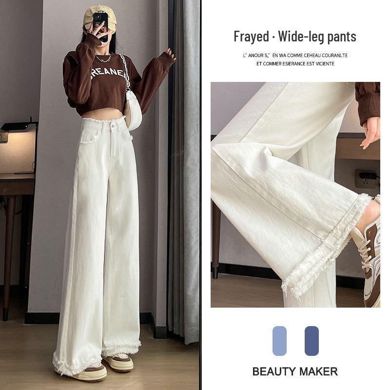 Damen Amerikanische Weiße High-Waist Wide-Leg Koreanische Jeans - Frühling Schlankmachend Bodenlang