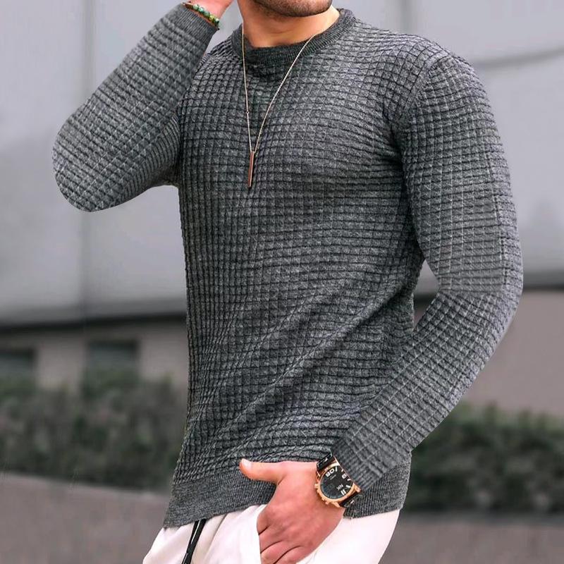 Men's Autumn Waffle Knit Loose Round Neck Long Sleeve Cotton Pullover