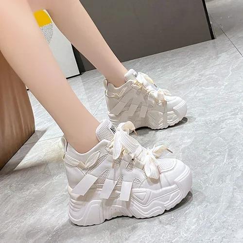 

Женские кроссовки на платформе Весна Осень Дышащие Кроссовки на танкетке Повседневная обувь Каблуки 10 см Кроссовки на толстой подошве Женские Deportivas Mujer 34 бежевый