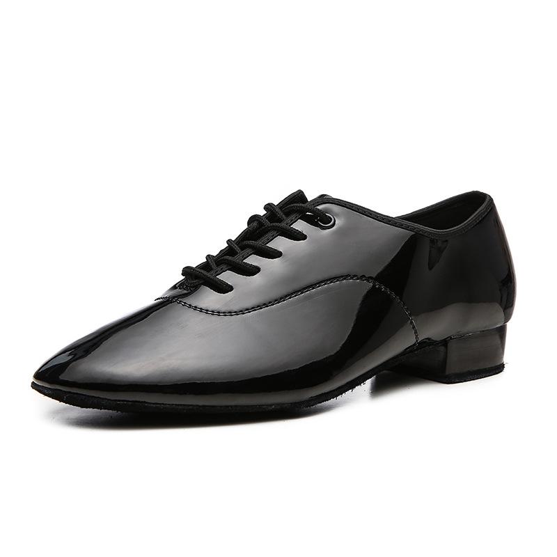 Men's Black & White Shiny Leather Low Heel Modern Dance Shoes with Soft or Fur Sole