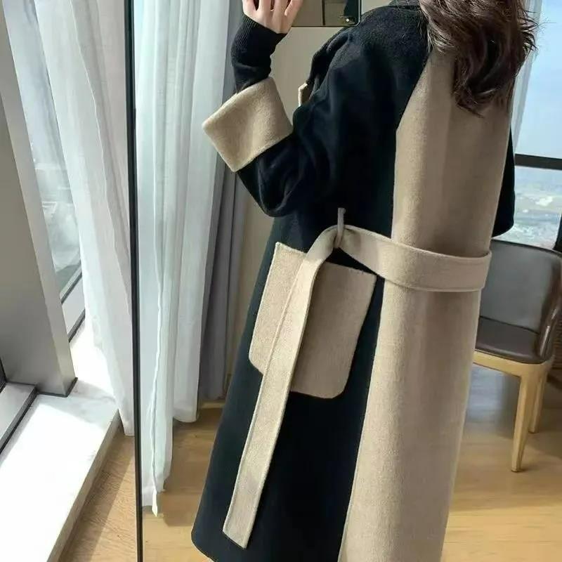 Cappotto di lana stile Hepburn da donna lungo invernale temperamento è sottile, cappotto di lana da donna a contrasto di colore