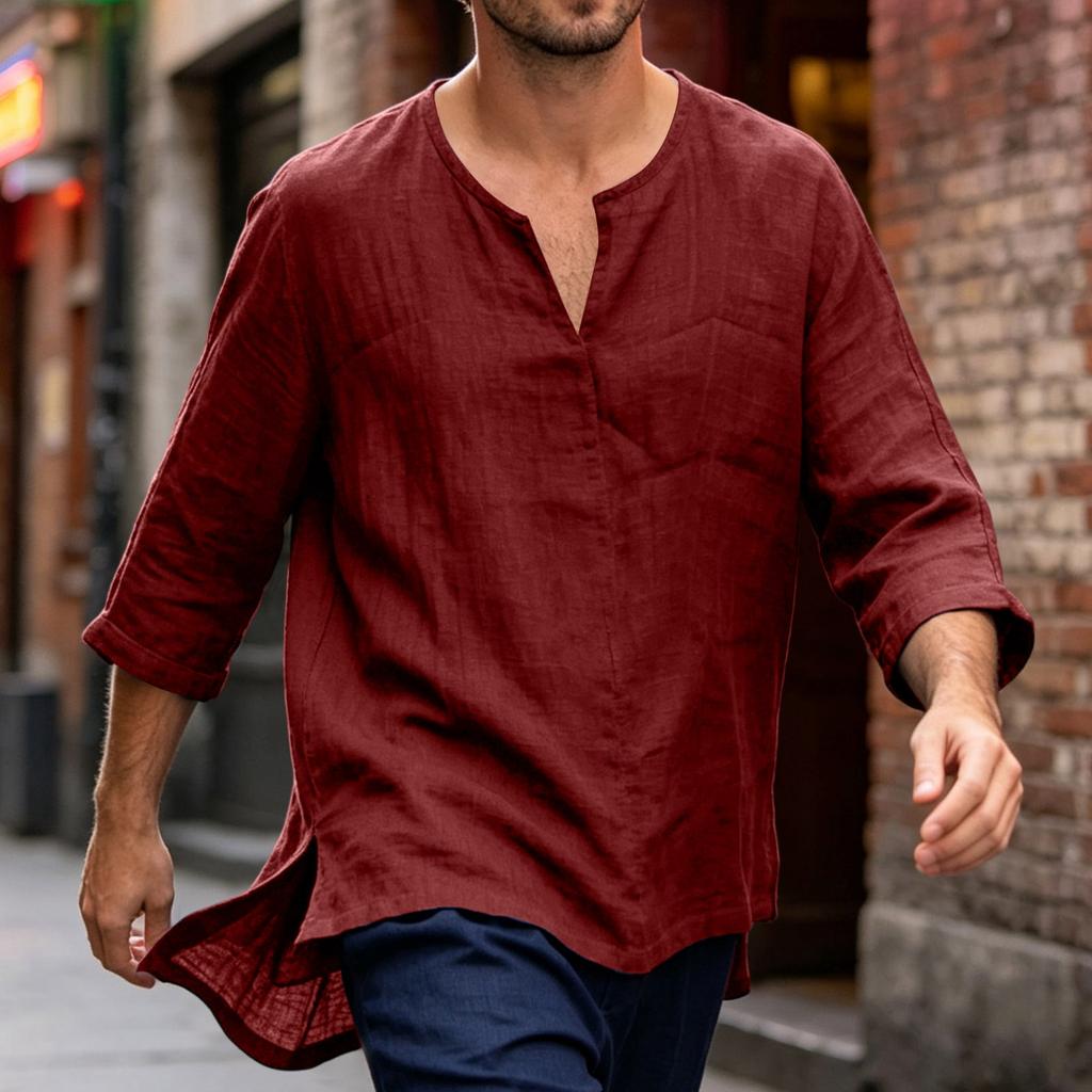 Men's Casual Linen Cotton Blend Three Quarter Sleeve Shirt Loose Fit Lightweight Breathable Summer Top