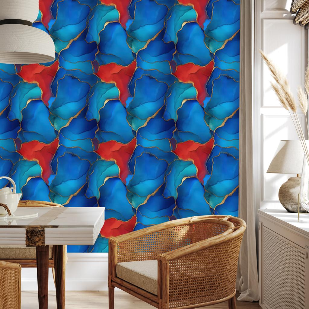 Ink Blue, Turquoise and Red Wallpaper for Living Room and Bedroom 50x1000