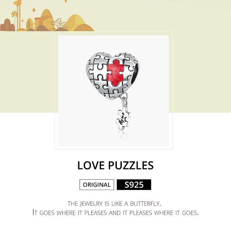 Bamoer Real 925 Sterling Silver Love Puzzles Oxidized Silver Charm for Original 3mm Bracelet & Bangle Enamel Metal Bead Jewelry