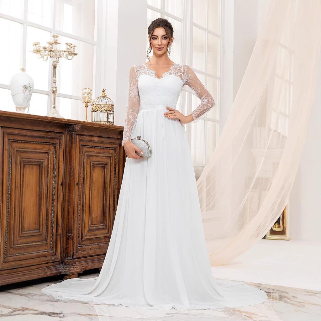Foreign trade wedding dress hot-selling Amazon new seven-quarter sleeve lace long waist noble dress dress