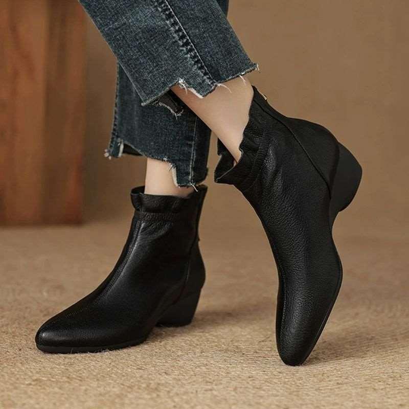 Leather early autumn short boots new fashionable rear zipper soft sole medium heel bare boots wedge heel