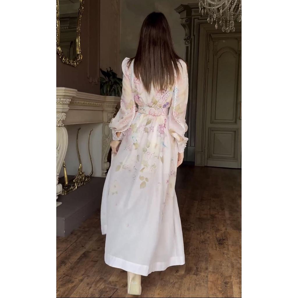 European & American Floral Print V-Neck Long-Sleeve Dress