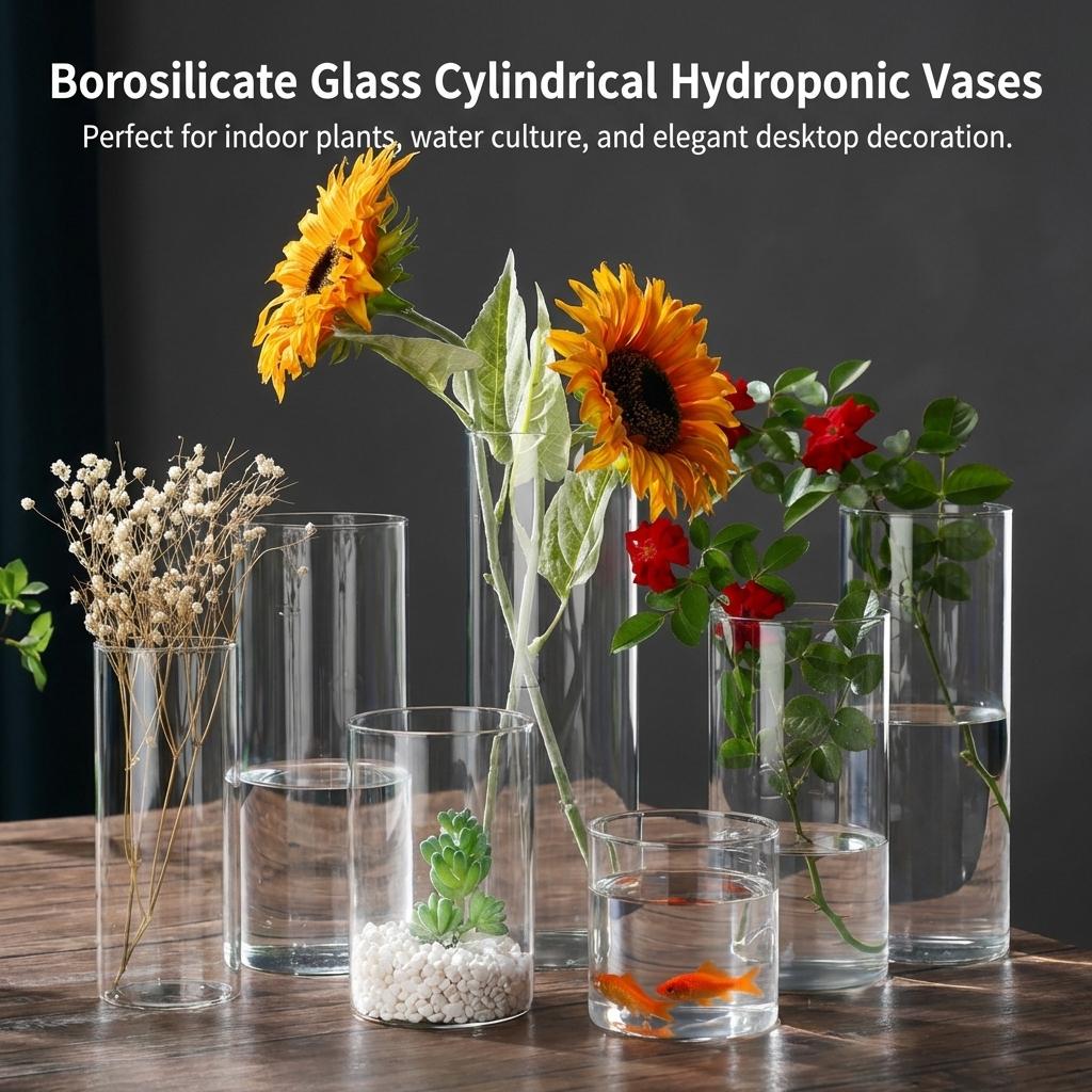 Borosilicate Glass Vase For Hydroponic Plants Straight Cylinder Design Indoor Desktop Decoration