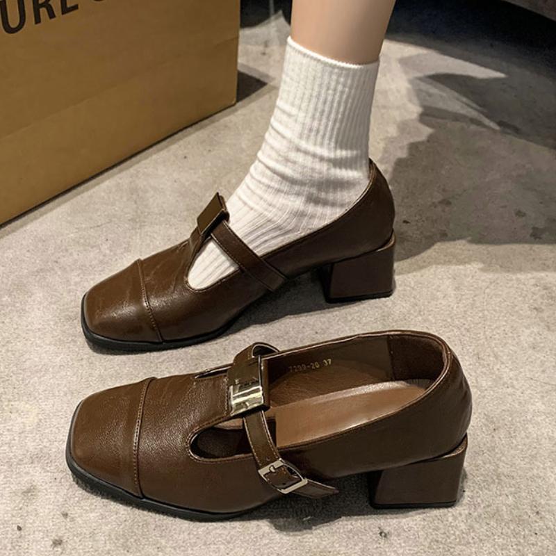 Fashion Square Toe Women Shallow Mary Janes Shoes Mid Heels Chunky Leather Shoes Woman 2025 Trend Autumn Fashion Elegant Mujer Zapatos