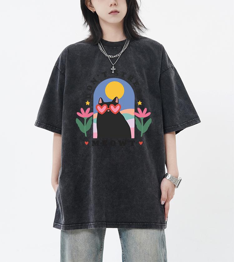 Don't Stress Meowt Cartoon Printing Retro Tee Shirt Female Trendy  Cotton T-Shirts Unisex Washed Short Sleeve Summer Hip Hop Top