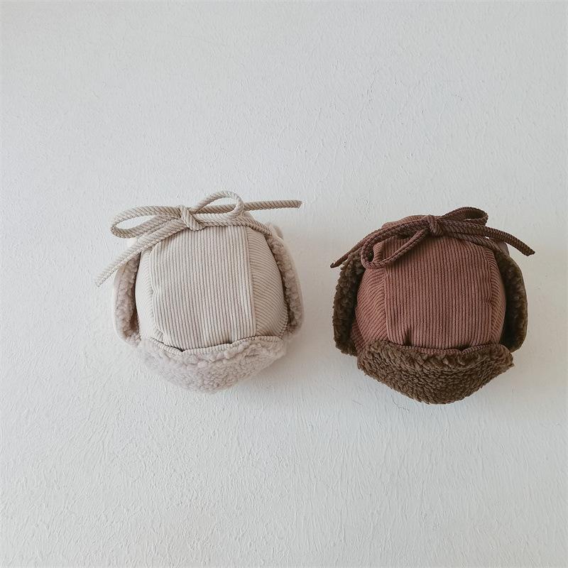 Winter Children Plus Velvet Earmuffs Windproof Coldproof Warm Corduroy Cap Boy Girl Baby Fleece Cotton Thicken Solid Hat 2-6Y