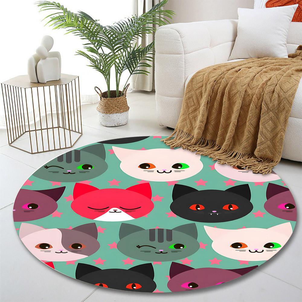 Cute Cat Pattern Printed Round Rug, Living Room, Bedroom, Playroom Rug, Non-slip Mat, Gift