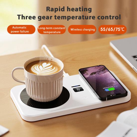 Kaffekoppvarmer med trådløs lader 3 justerbare temperaturinnstillinger Automatisk avstenging Drikkebrikke Smart koppvarmer for iPhone Øretelefon Klokke