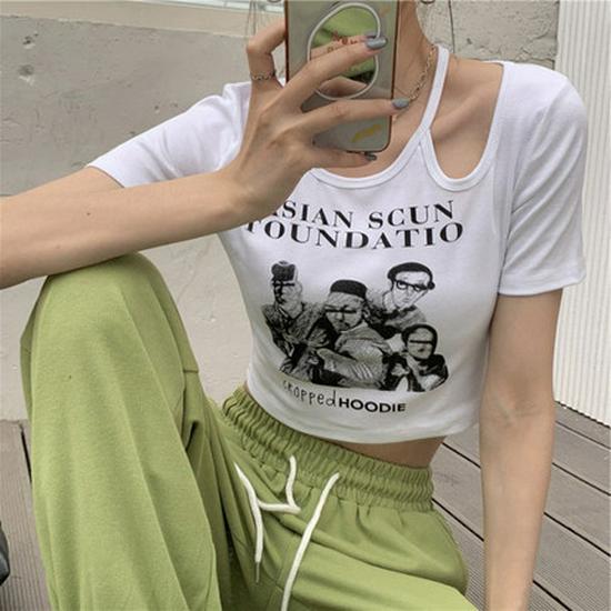 Damski T-shirt z krótkim rękawem 2024 w stylu retro, slim fit, ażurowy