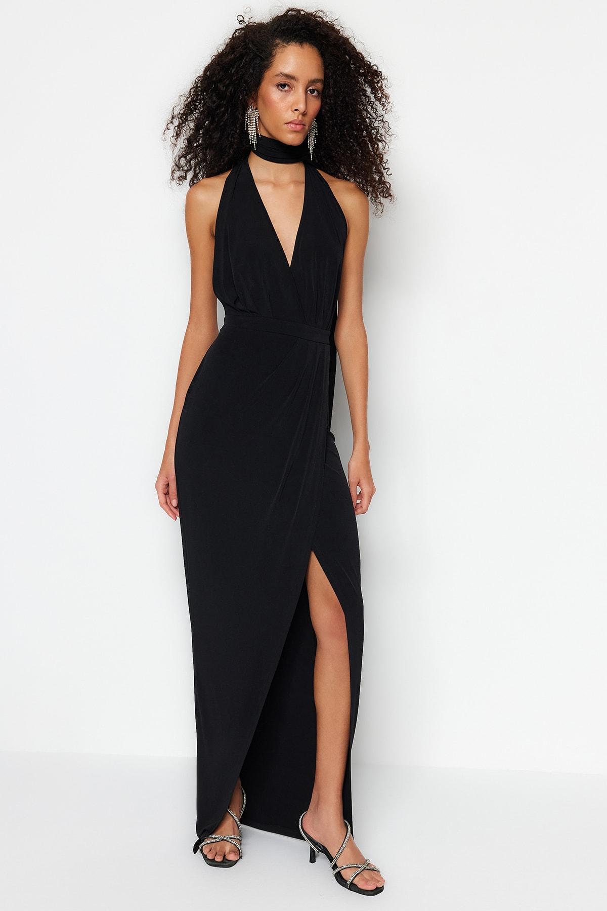 

Черное вязаное длинное вечернее платье TPRSS23AE00125