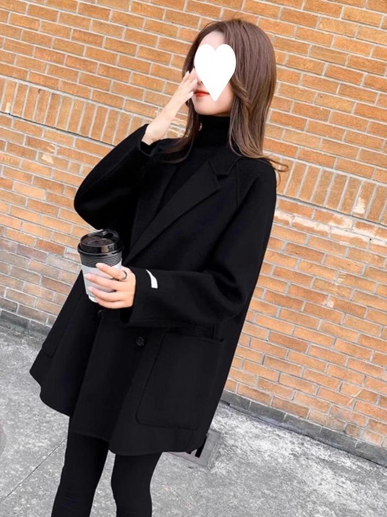 Plus Size Women's Black Wool Slimming Trench Coat - Double-Sided Woolen Jacket for Spring/Autumn 2025.