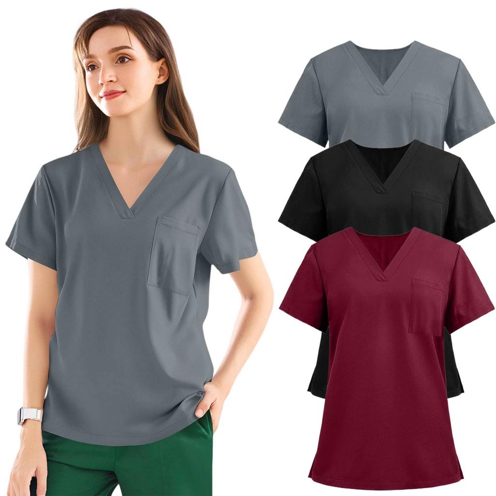 3PC Women's Fashion Solid Short Sleeve V Neck Pattern Tops Pocket Working T-shirts