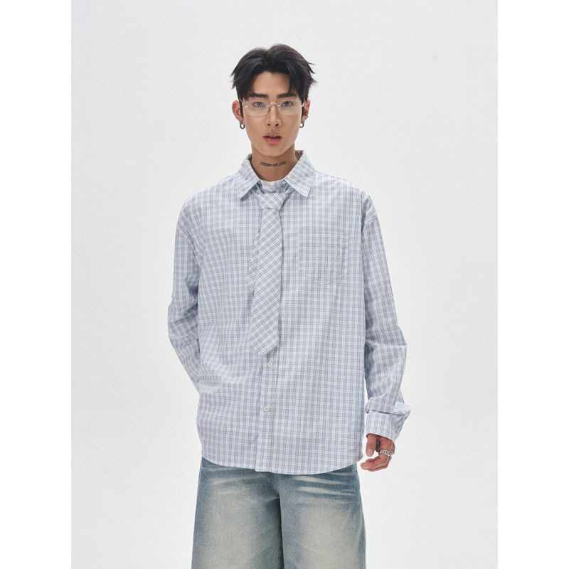 Kisko Simple Retro High-Fashion Blue Plaid Long-Sleeve Shirt Unisex Loose Casual Shirt Jacket