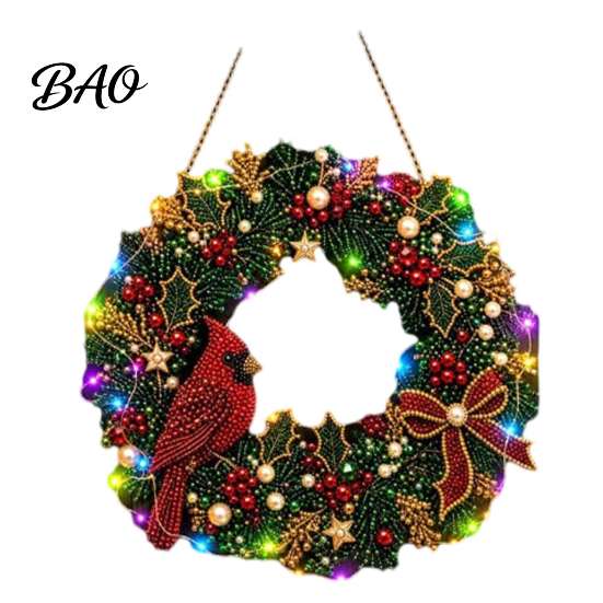 Seasonal Holiday Crafting Set Christmas Diamond Painting Wreath Kit with LED String Lights, Snowman Pearl Art Shiny Acrylic Craft for Adults,