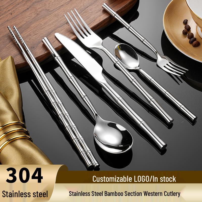 304 Stainless Steel Bamboo Joint Cutlery Set: Steak Knife, Dinner Fork, Dessert Spoon, Chopsticks - Elegant Gift for Hotels & Boutiques