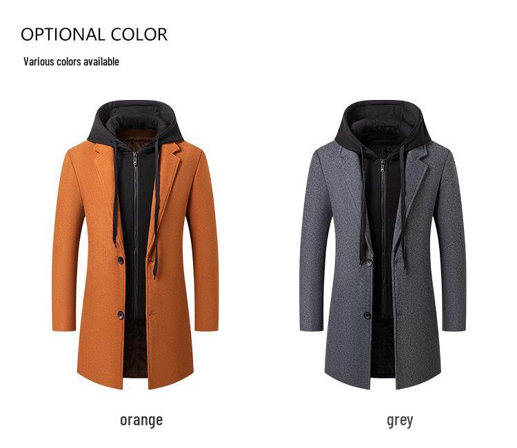 Korean-Style Men's Wool Blend Mid-Length Coat with Removable Hood
