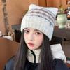 Fleece-lined Cat Ears Beanies Fair Isle Style Printing Knit Cap Cute Jacquard Knitted Hat  Winter