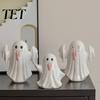 Healing Niche Desktop Ornament Light Up Ceramic Ghost Figurines for Halloween Decor, Cute White Statue Craft with Pink Tongue, LED Night Home