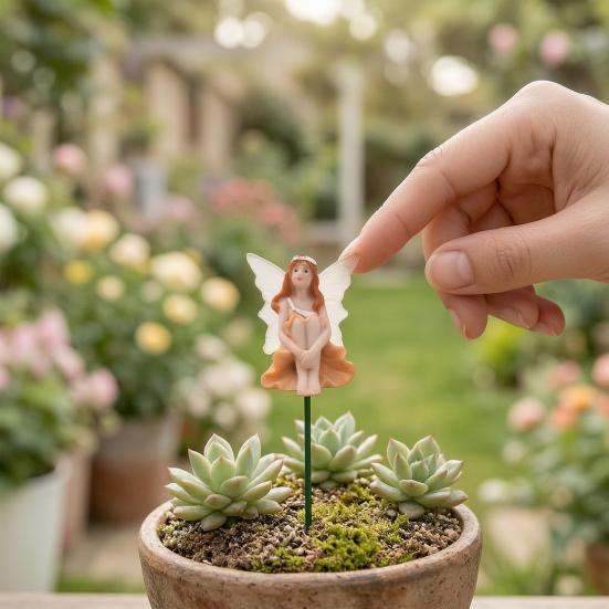4 Pcs Fairy Garden Stake, Outdoor Resin Angel Figurine with Delicate Wings & Colorful Dress, Rust-Proof Metal Stake for Plant Pots,