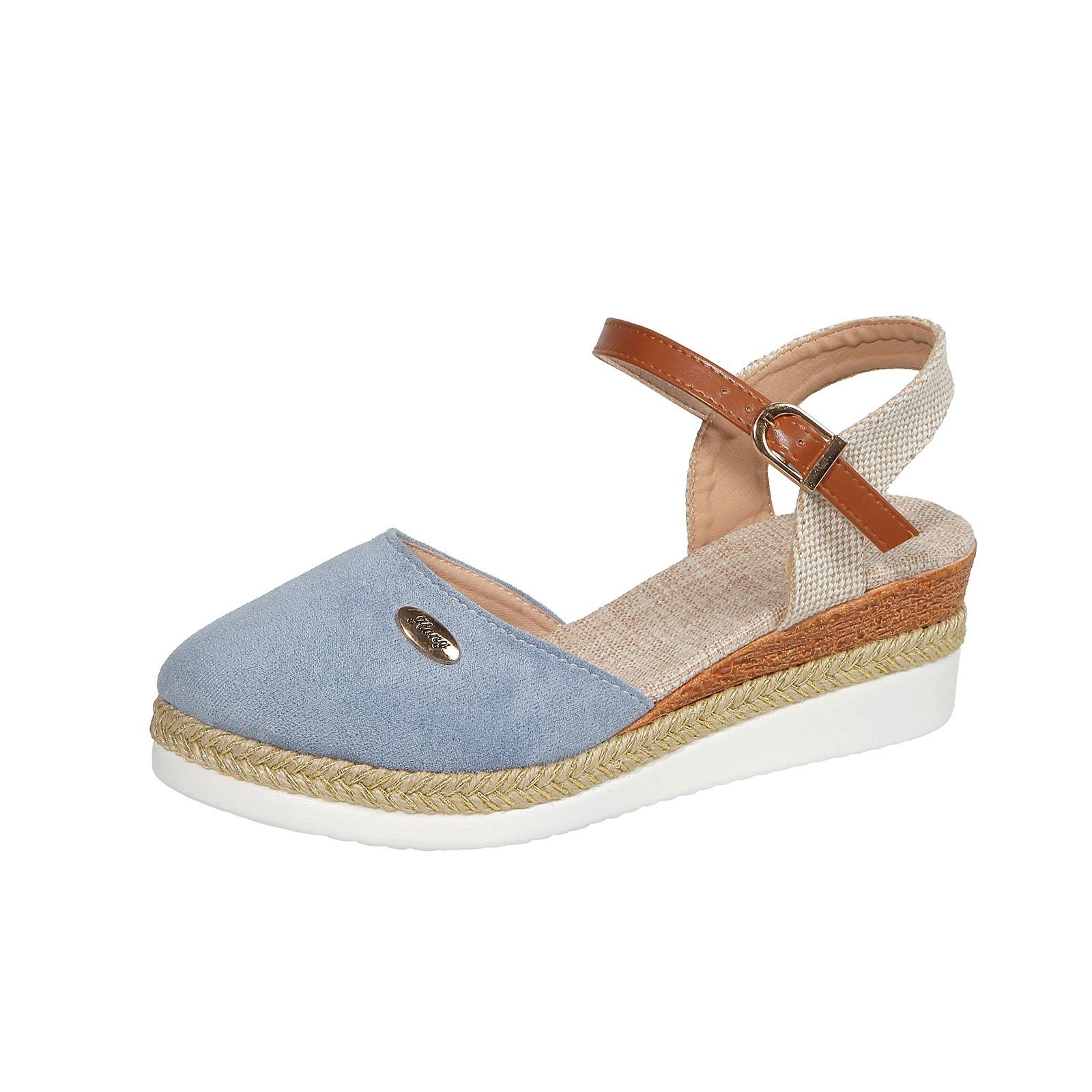 Женские сандалии на танкетке с закрытым носком, женские летние туфли-гладиаторы с пряжкой на ремне, женские модные эспадрильи, сандалии на платформе 43 светло-синий