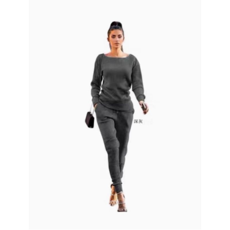 

Новая весенне-осенняя женская одежда больших размеров, модный ветрозащитный спортивный костюм из двух предметов, повседневный однотонный с длинными рукавами и брюками из рубчатой ткани Dark gray 3XL