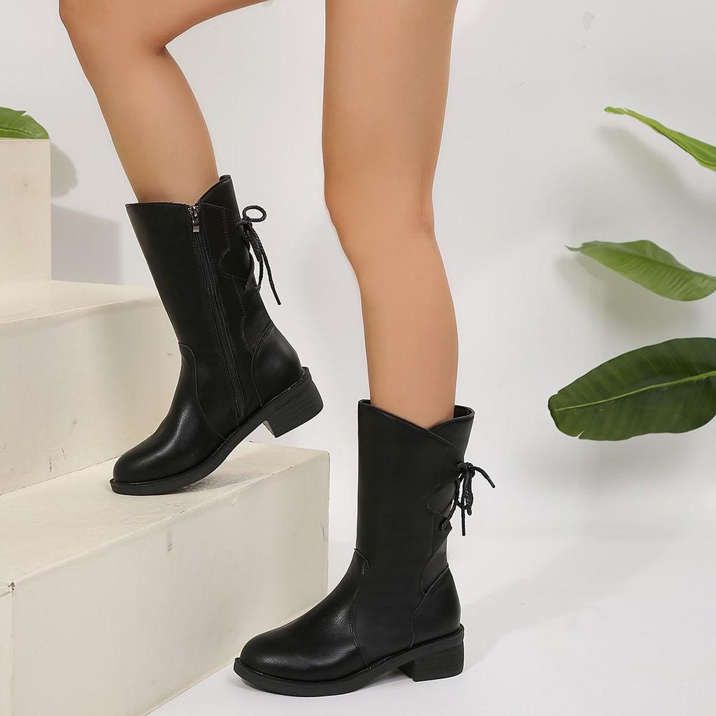 2025 Autumn/Winter Women's Low Heel Chunky Side Zipper Mid-Calf Round Toe Leather Boots, Korean Style