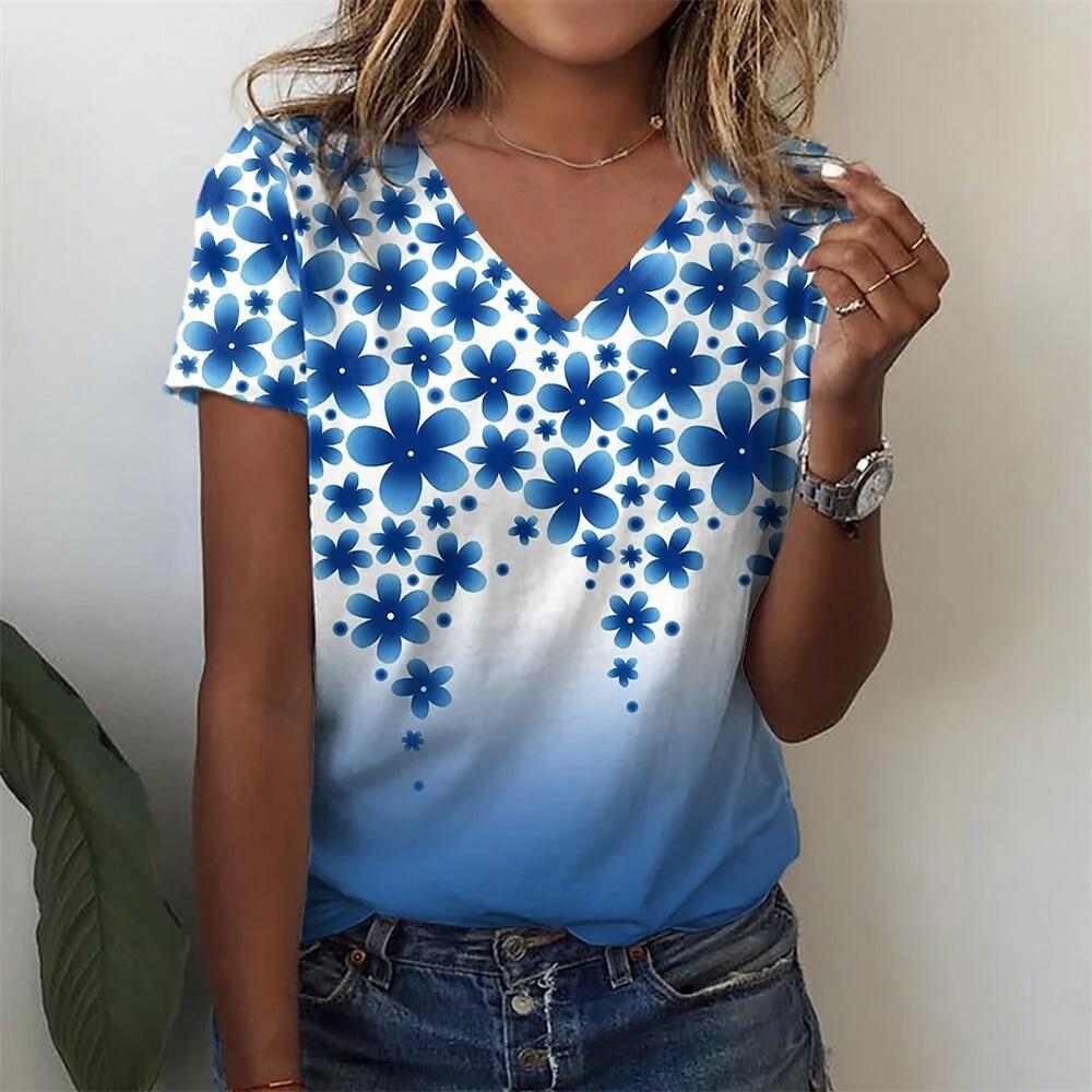 Fashion Floral Pattern 3D Digital Printing Women's Comfortable V-neck Short Sleeved T-shirt