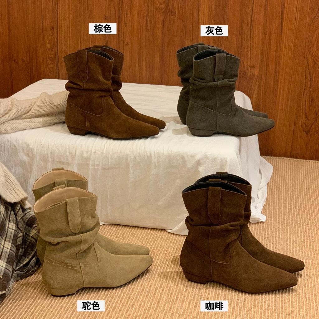 Verze z hovězí kůže! Retro dámské nízkopodpatkové špičaté westernové kovbojské pile boty podzim a zima nové Martensky univerzální tenké boty