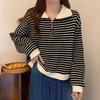 Übergroßes Kapuzensweatshirt mit Reißverschluss vorne für Damen, Langarm, Polokragen, lässige lockere Passform, gestreiftes Oberteil, Herbst