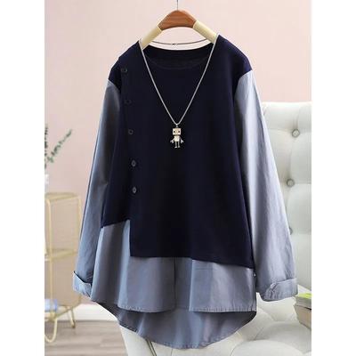 Blouse Tricot Patchwork Femme Fausse Deux Pièces Manches Longues