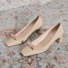 2026 High Heels Luxury Women Shoes Square Head Single Shoes Thick Heel Bow Decoration Simple Stitching Leather Shoes