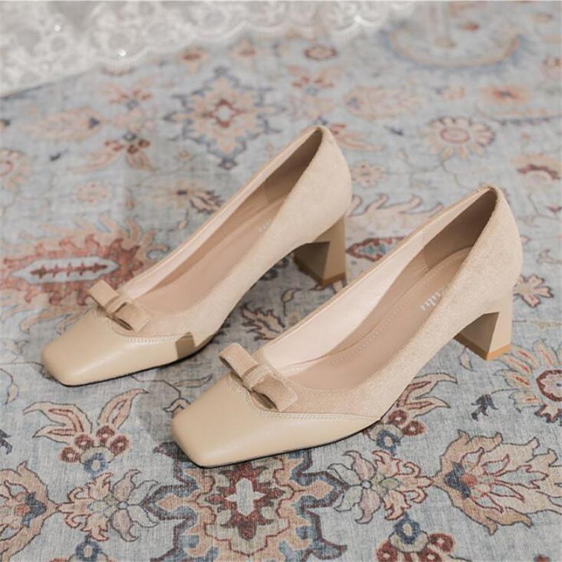2026 High Heels Luxury Women Shoes Square Head Single Shoes Thick Heel Bow Decoration Simple Stitching Leather Shoes