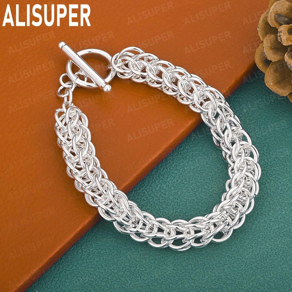 925 Sterling Silver Interlocking Side Chain Bracelet - Elegant Gift Jewelry 20CM