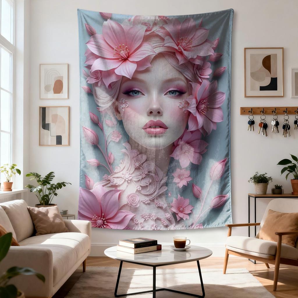 Pink Flower Goddess Tapestry Single Sided Print Polyester Wall Hanging for Bedroom Living Room Aesthetic Feminine for Home Decor