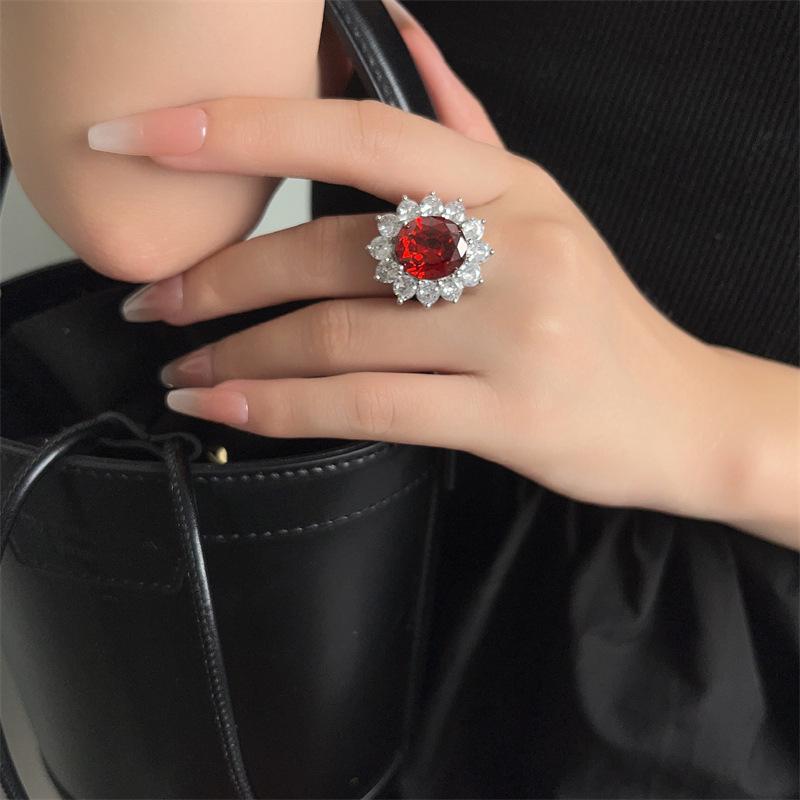 Exquisite Pigeon Blood Red Gemstone Jewelry Set: Ring, Earrings, Necklace - Luxurious, Elegant, Cool Style for Women.