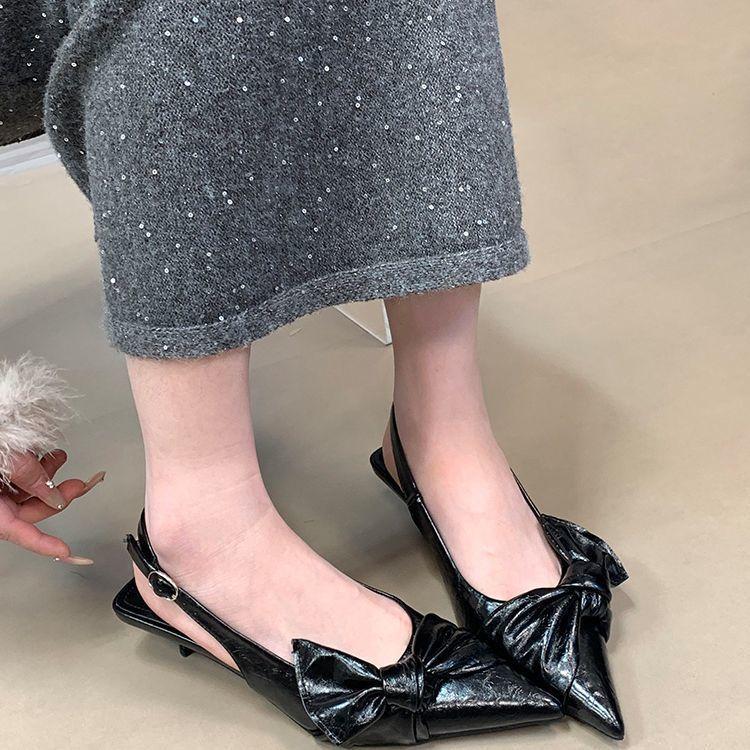 French Medium Heel Bag Head Sandals Women's 2025 New Spring and Summer Pointed Fashion Bow Pointed Fashion Temperament Single Shoes