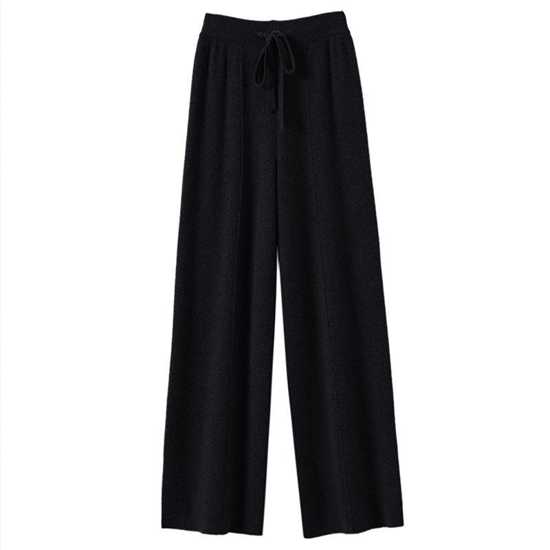 Wool Casual Pants Solid Color Straight Wide Leg Knitting Trousers with Drawstring High Waist Thickened Slacks