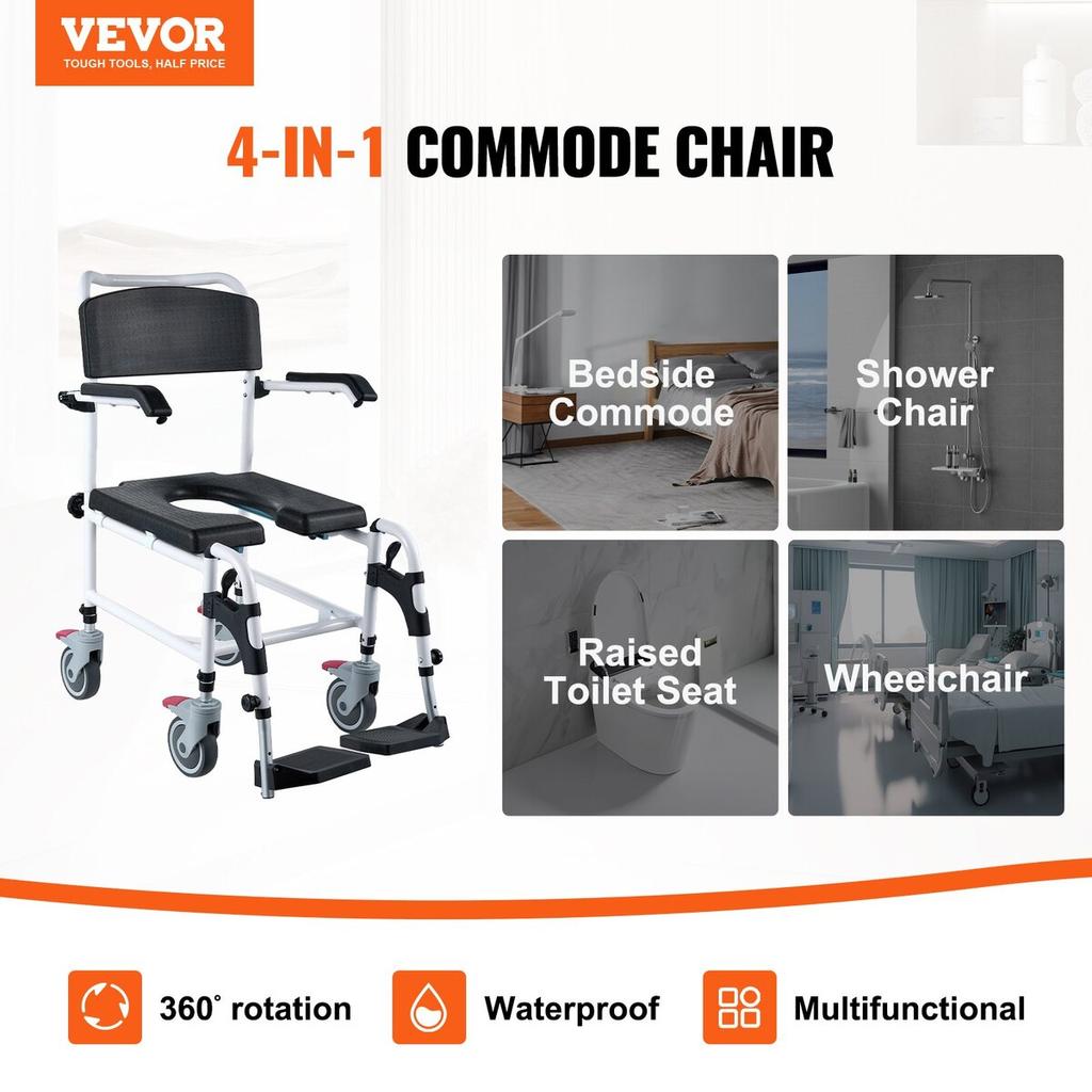 Shower Commode Wheelchair with 4 Lockable Wheels, Footrests, Flip-up Arms, 3-Level Adjustable Height, 5L Removable Bucket, 350 LBS Capacity, Commode