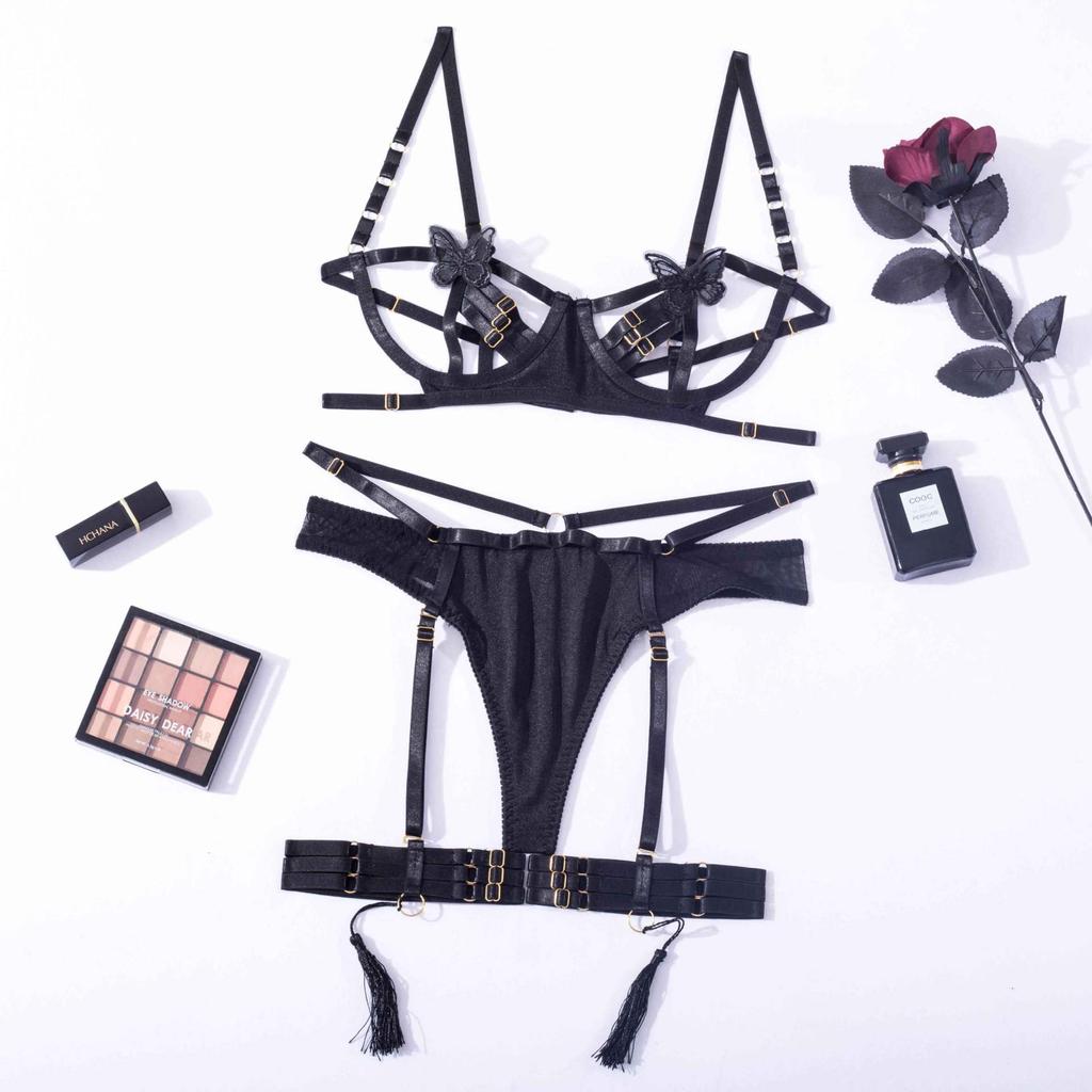 Sexy Clothes, Stockings, Sexy Underwear, Black Butterfly Women's Bra Set.